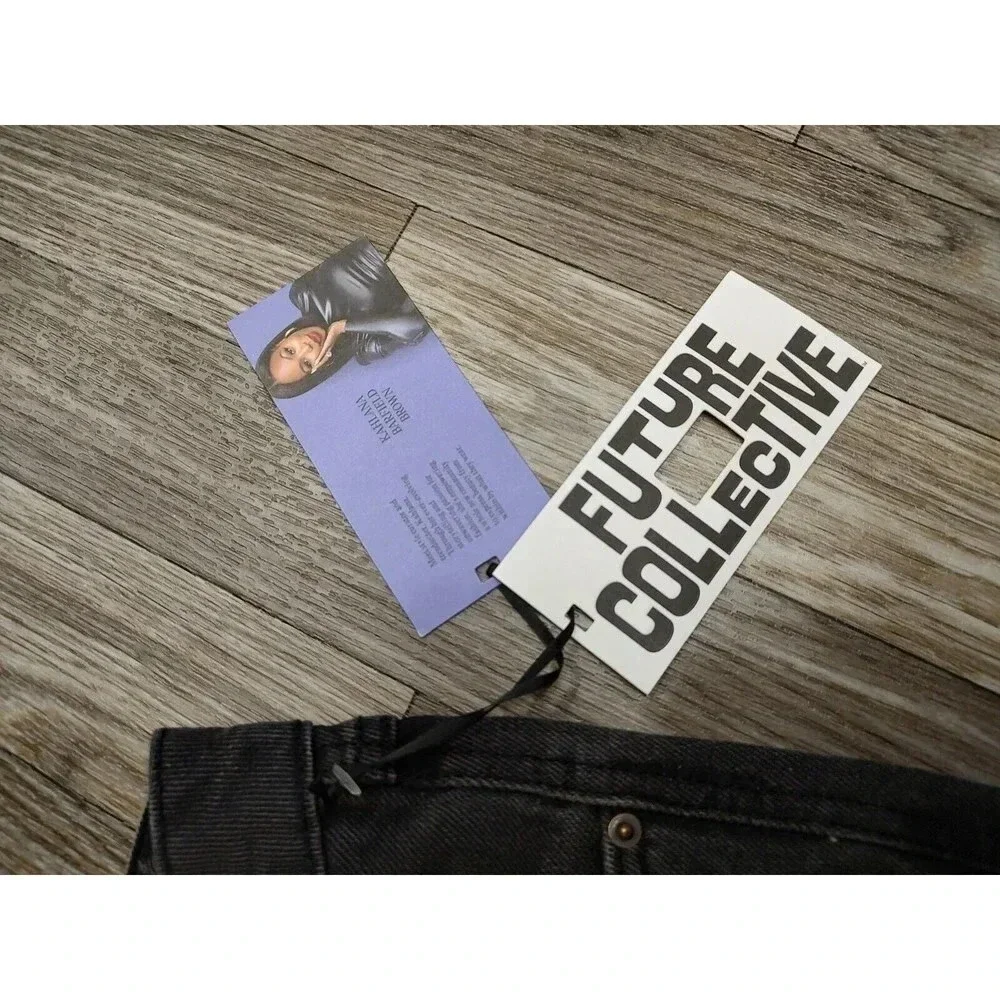 Future Collective Kahlana Brown Size 0 Jeans Black Overlap Waist Tapered Leg NWT - Picture 7 of 12